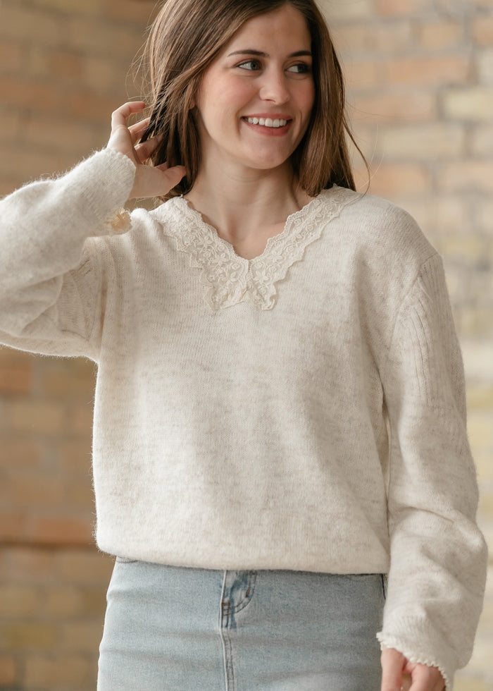 Knit Heathered Lace Trim Sweater FF Tops