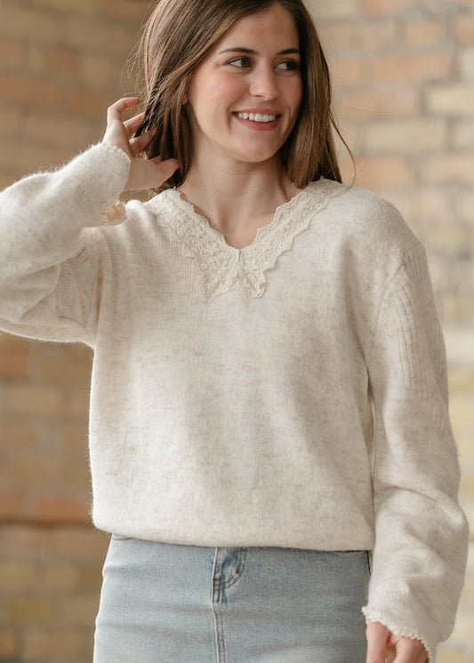 Knit Heathered Lace Trim Sweater FF Tops