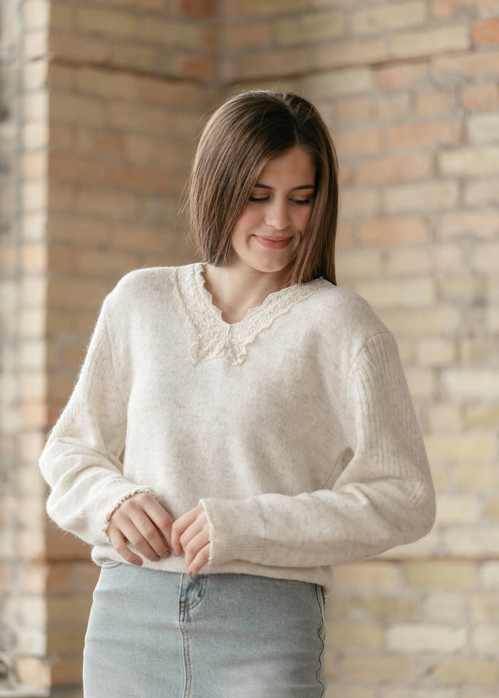 Knit Heathered Lace Trim Sweater FF Tops