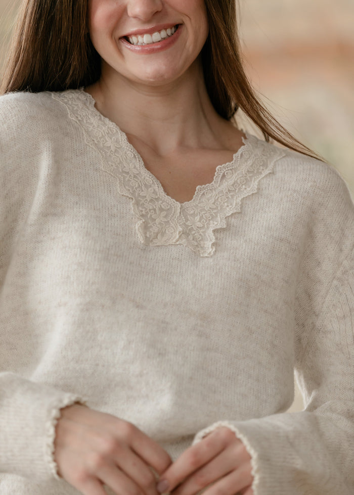 Knit Heathered Lace Trim Sweater FF Tops