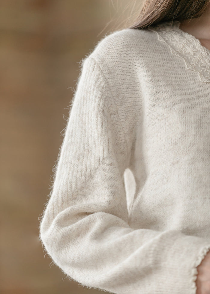Knit Heathered Lace Trim Sweater FF Tops