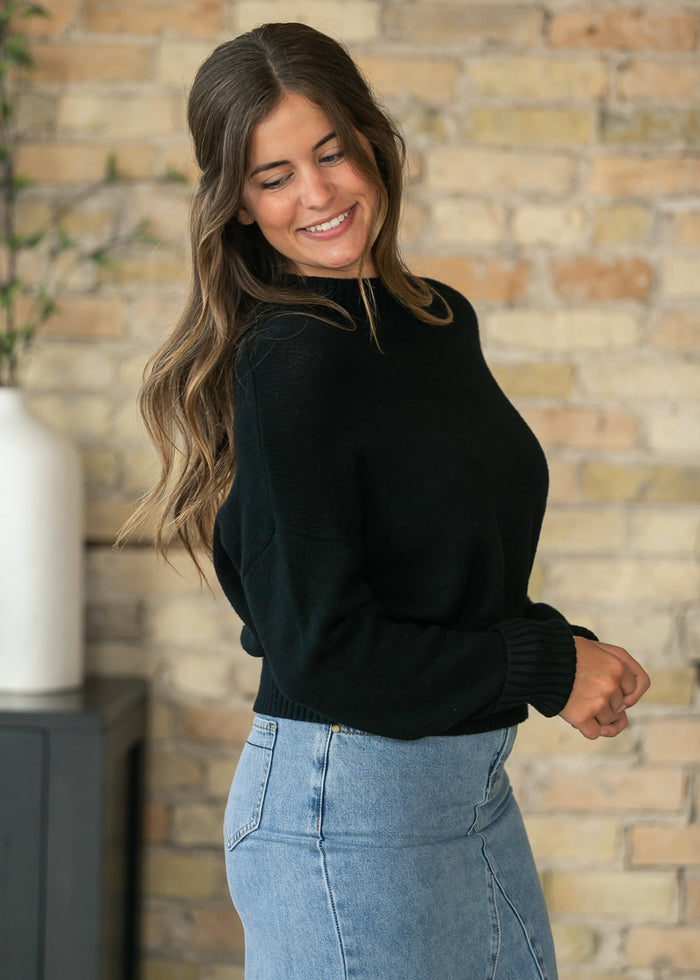 Knit Mock Neck Black Long Sleeve Top FF Tops