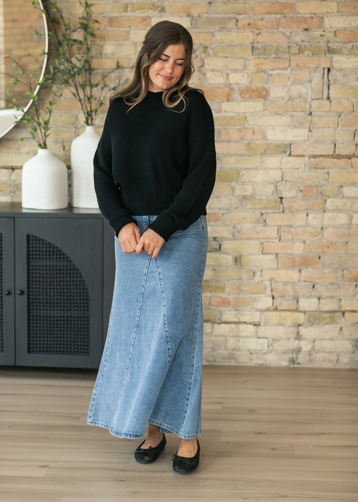Knit Mock Neck Black Long Sleeve Top FF Tops
