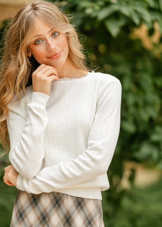 Knit Pointelle Pullover Top FF Tops