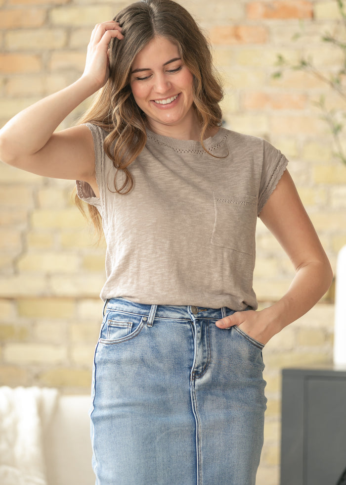 Knit Rib Detail Front Pocket Top FF Tops