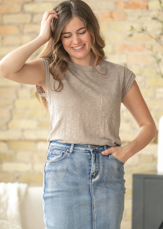 Knit Rib Detail Front Pocket Top FF Tops