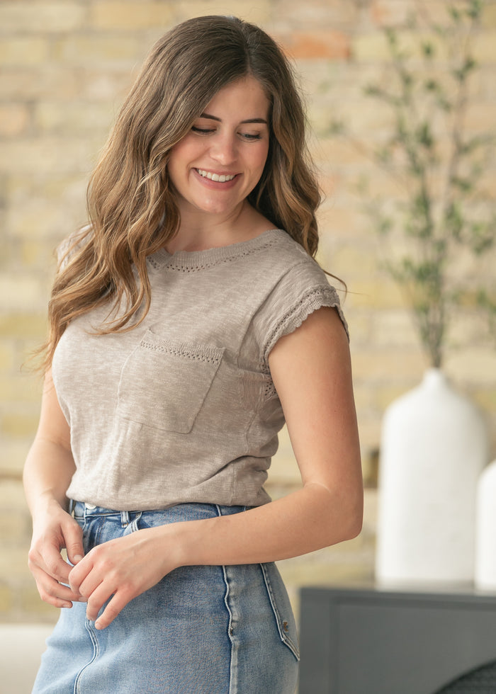 Knit Rib Detail Front Pocket Top FF Tops