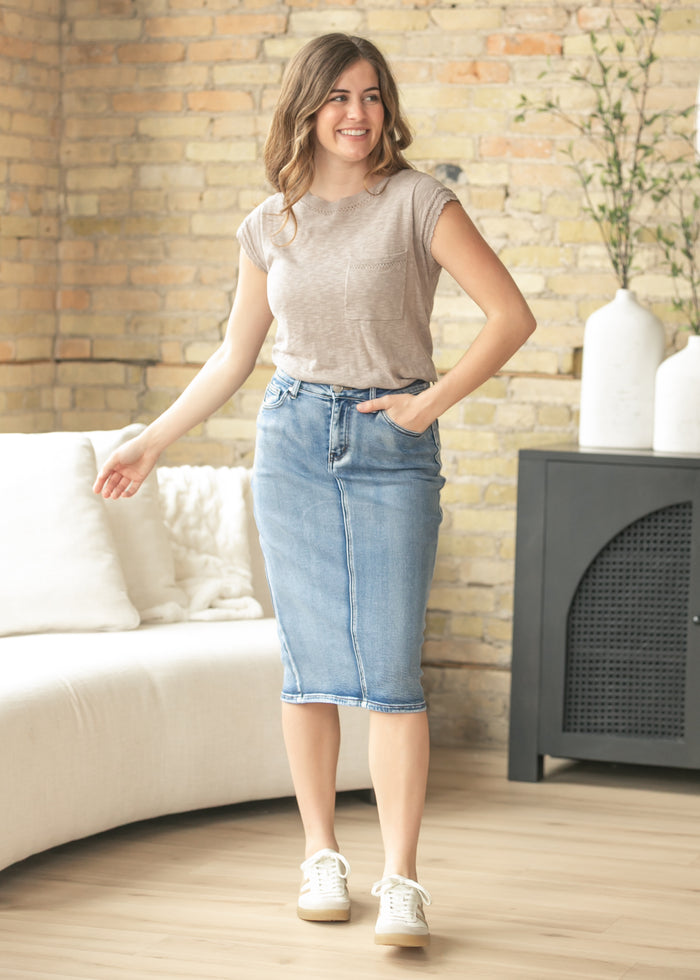 Knit Rib Detail Front Pocket Top FF Tops
