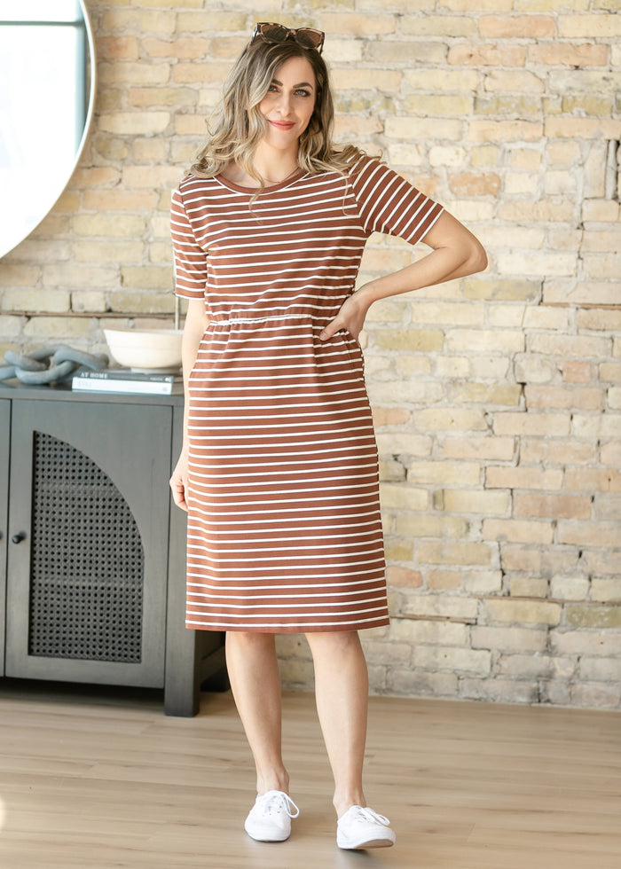 Kristen Brown Stripe Short Sleeve Midi Dress IC Dresses