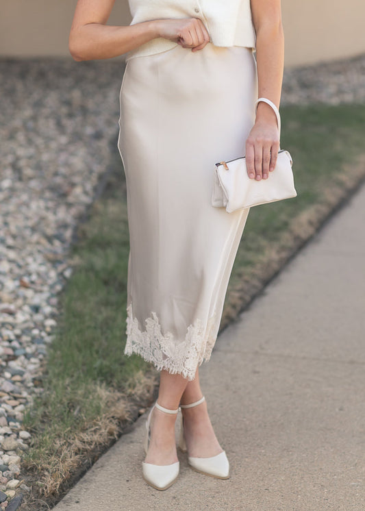 Lace Detail Satin Midi Skirt FF Skirts