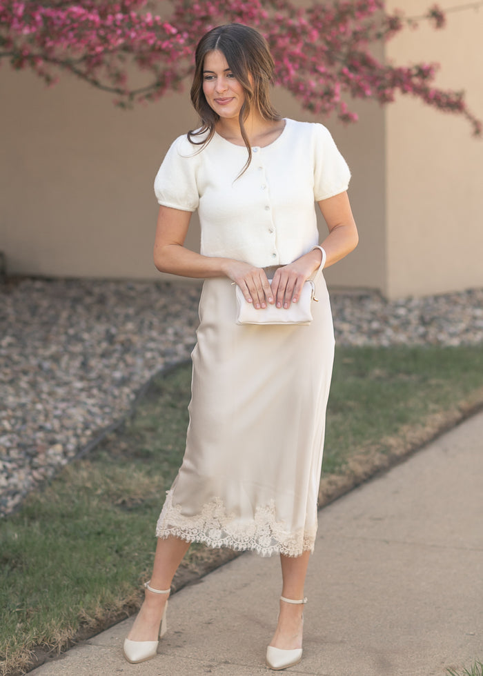 Lace Detail Satin Midi Skirt FF Skirts