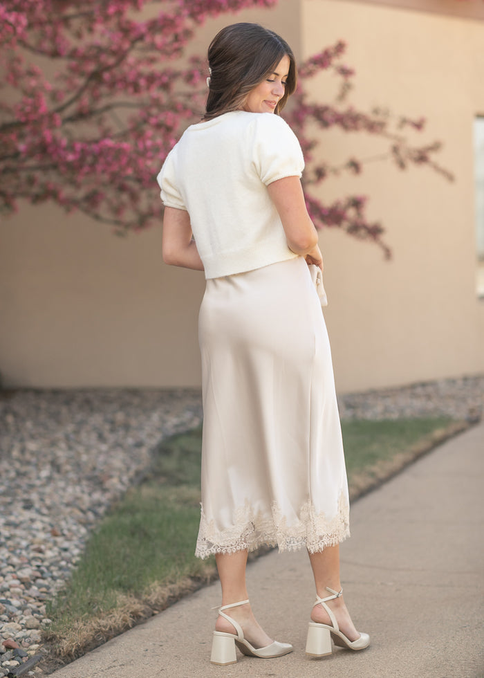 Lace Detail Satin Midi Skirt FF Skirts