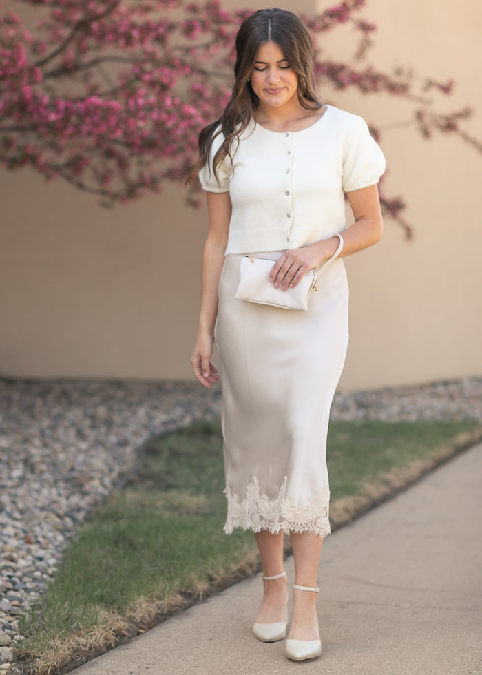 Lace Detail Satin Midi Skirt FF Skirts