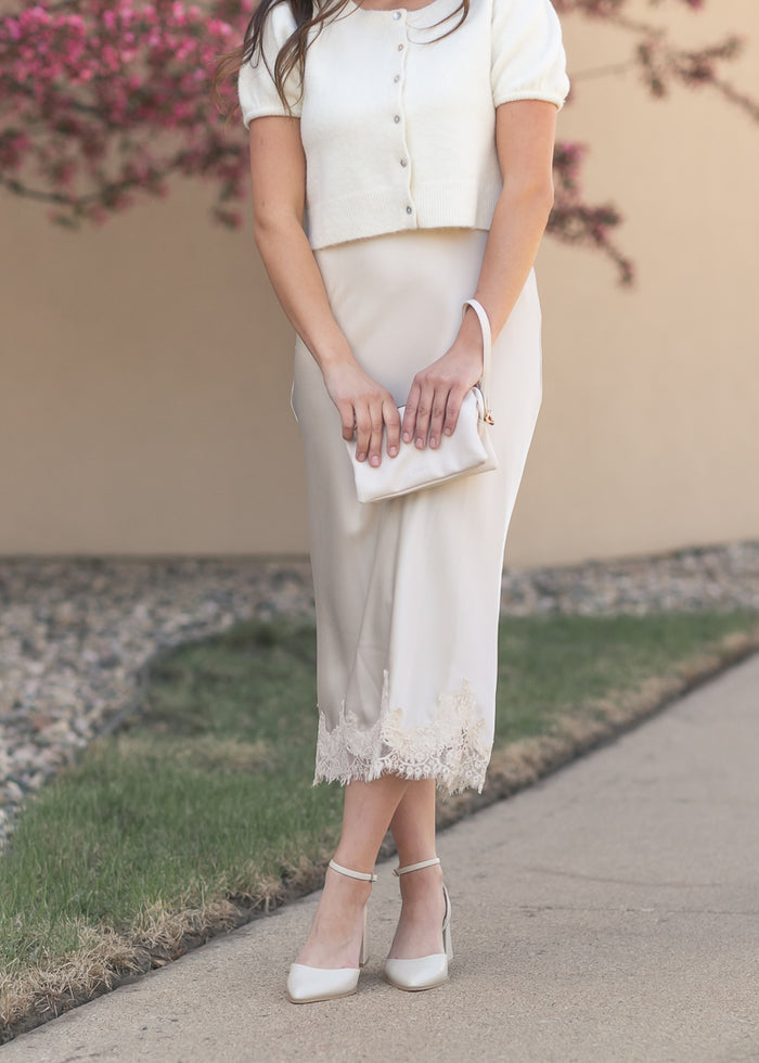 Lace Detail Satin Midi Skirt FF Skirts