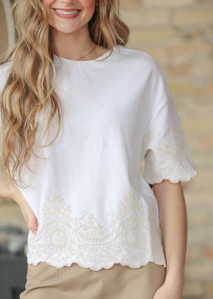 Lace Embroidered Short Sleeve Top FF Tops