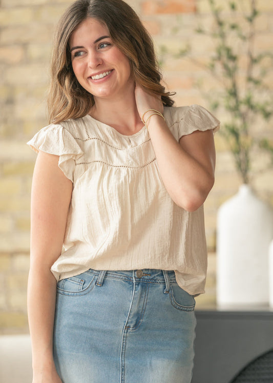 Oatmeal Ladder Lace Flounce Sleeve Top FF Tops