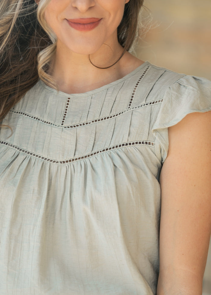 Sage Ladder Lace Flounce Sleeve Top FF Tops