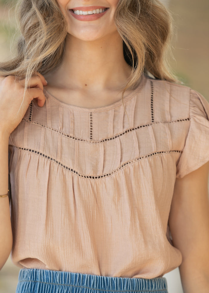 Blush Ladder Lace Flounce Sleeve Top FF Tops