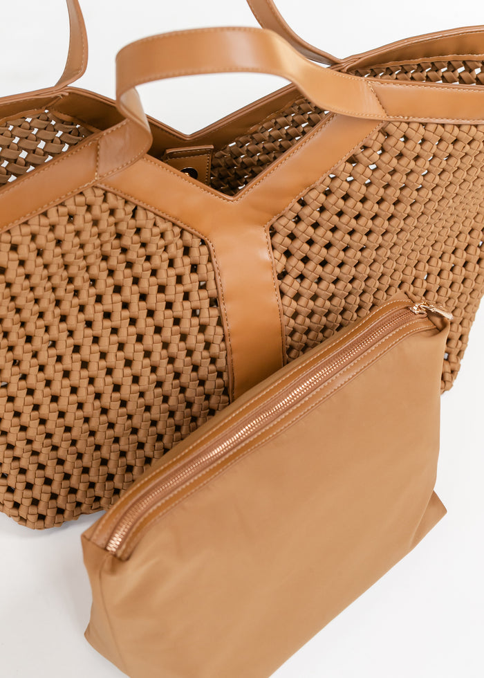 Large Camel Woven Tote Bag Accessory