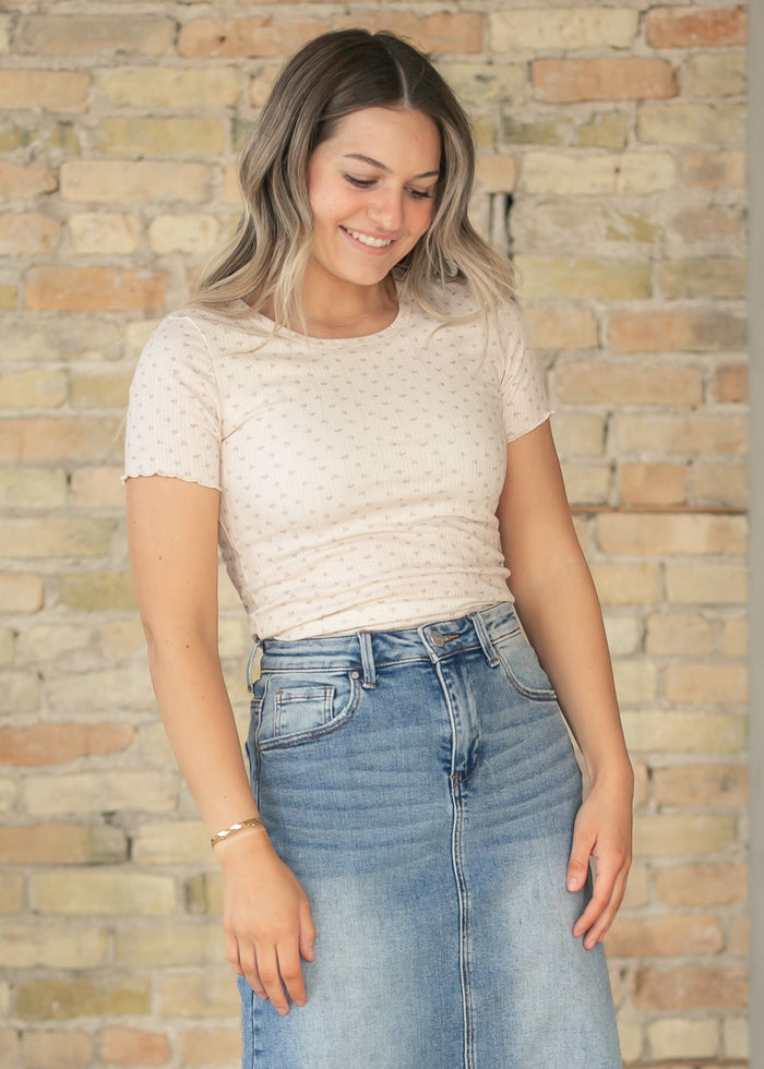 Larza Taupe Floral Lettuce Hem Top IC Tops