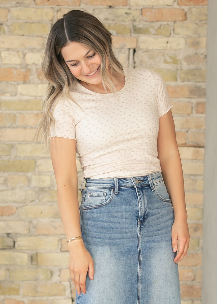 Larza Taupe Floral Lettuce Hem Top IC Tops