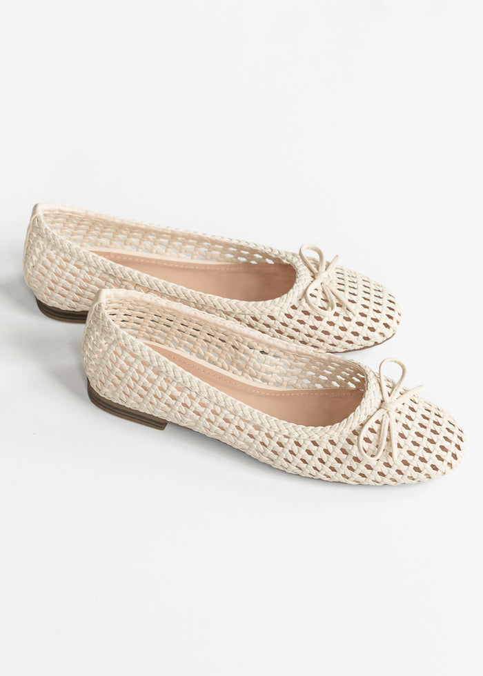 Lattice Woven Bone White Ballet Flats Shoes