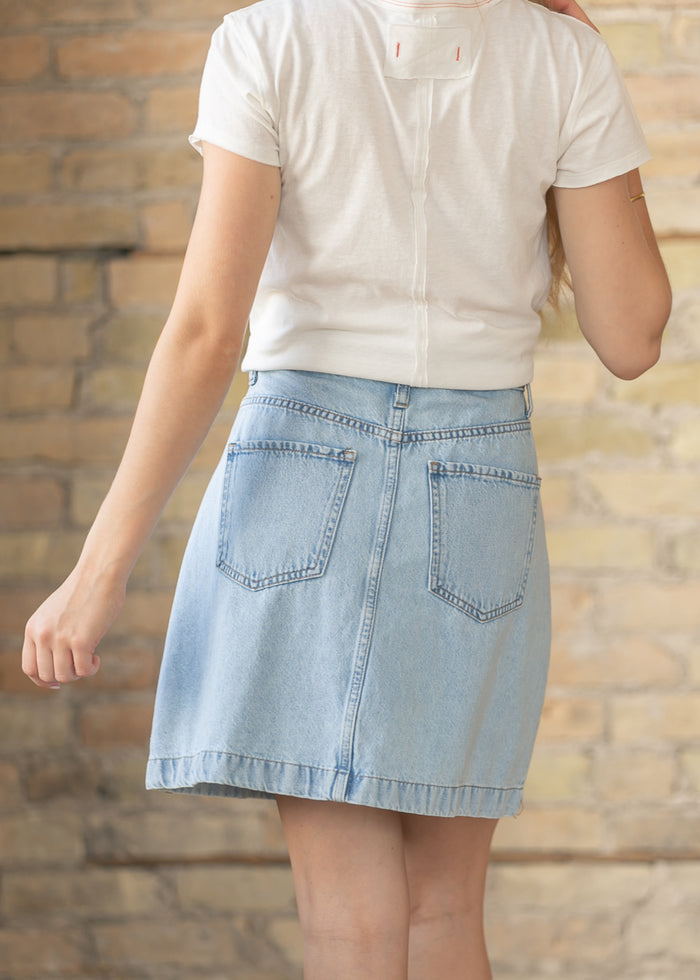 Light Wash Button Front Midi Skirt FF Skirts