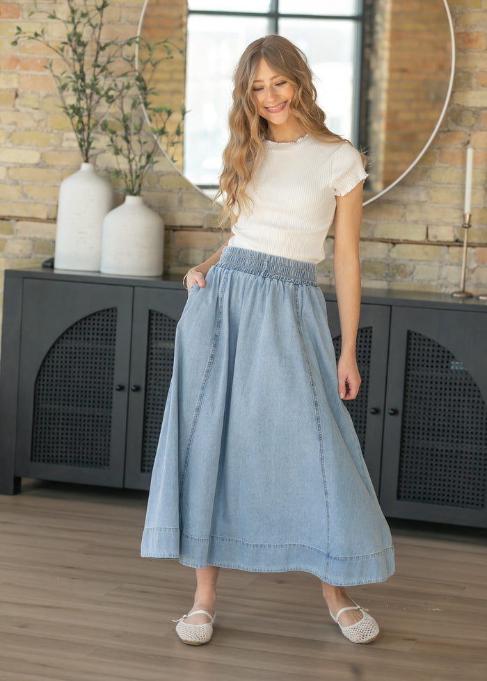 Light Wash Denim A-Line Maxi Skirt FF Skirts
