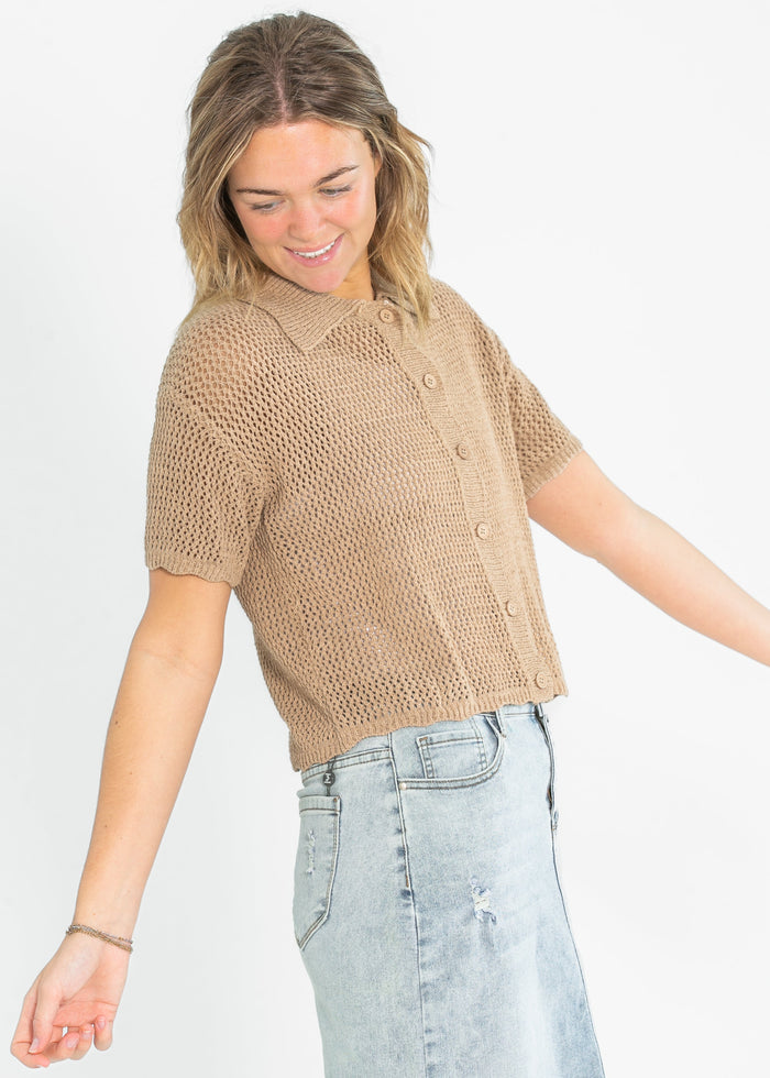 Lightweight Knit Collared Short Sleeve Top FF Tops