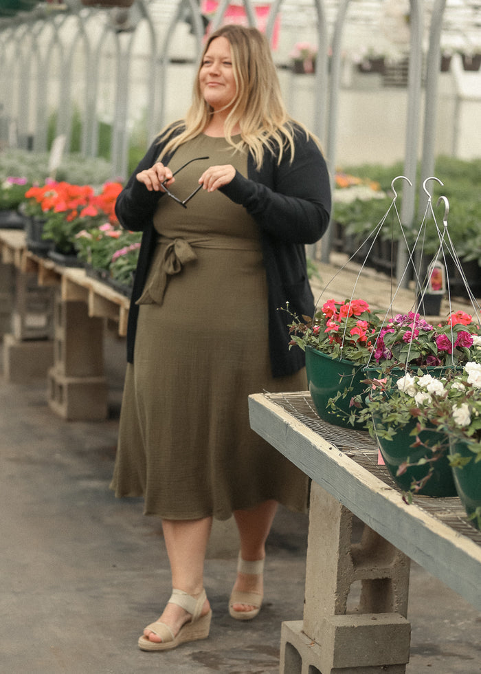 Lily Olive Gauze Belted Midi Dress IC Dresses