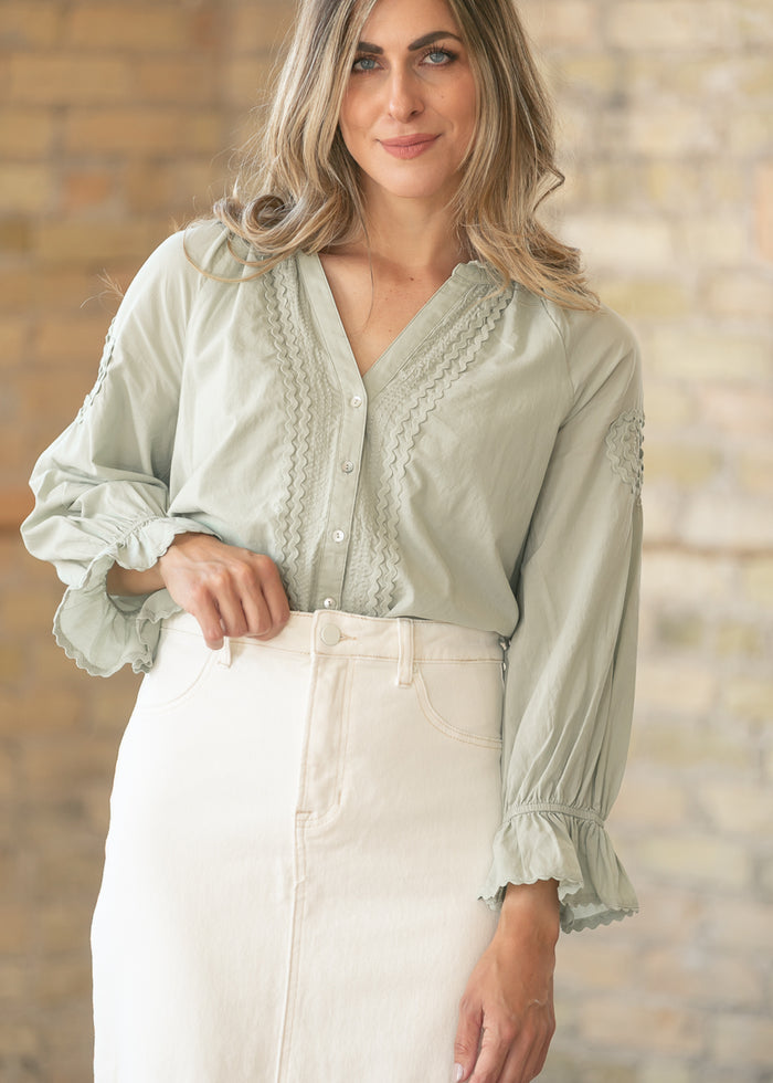 LIVERPOOL® Quarter Sleeve Button Front Woven Top FF Tops
