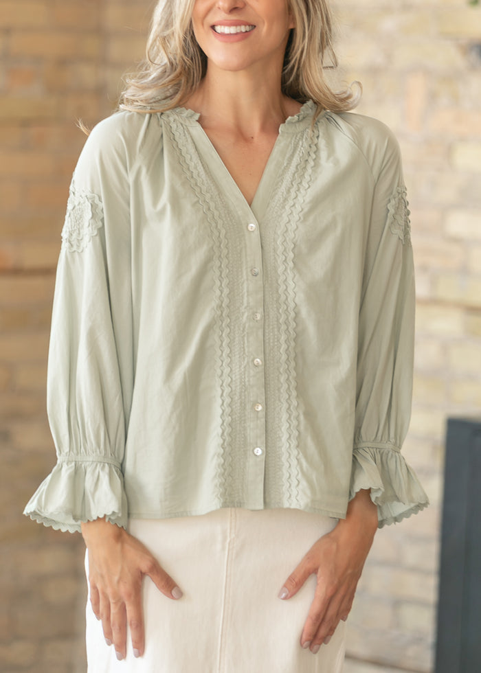 LIVERPOOL® Quarter Sleeve Button Front Woven Top FF Tops