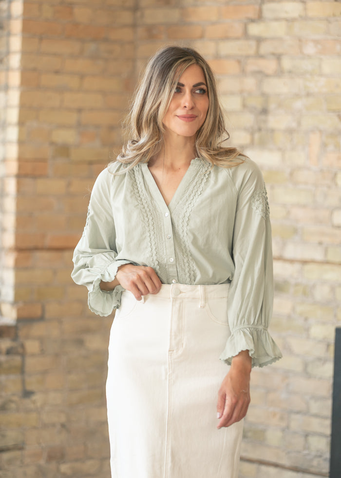 LIVERPOOL® Quarter Sleeve Button Front Woven Top FF Tops