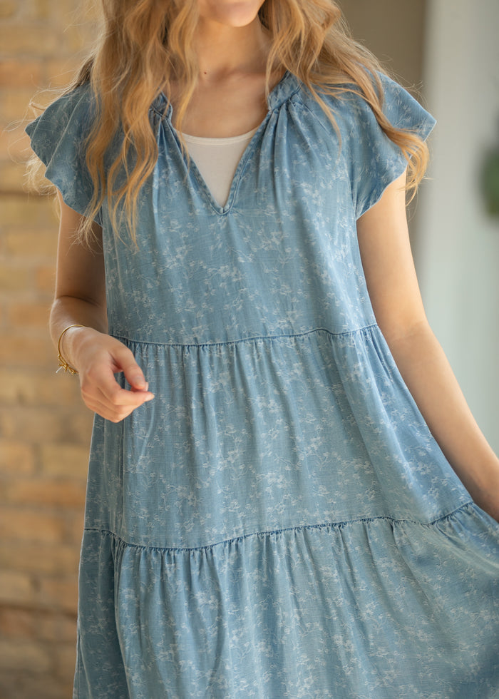 LIVERPOOL® Tiered Flutter Sleeve Midi Dress FF Dresses