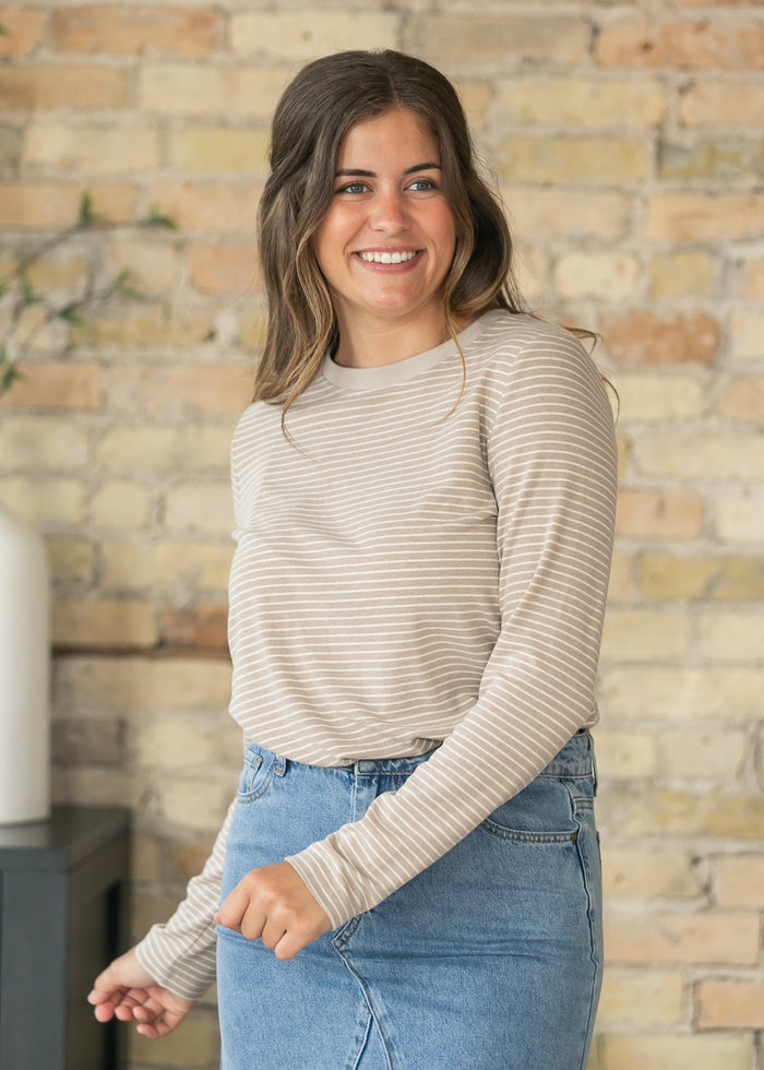 Long Sleeve Warm Gray Striped Top FF Tops S