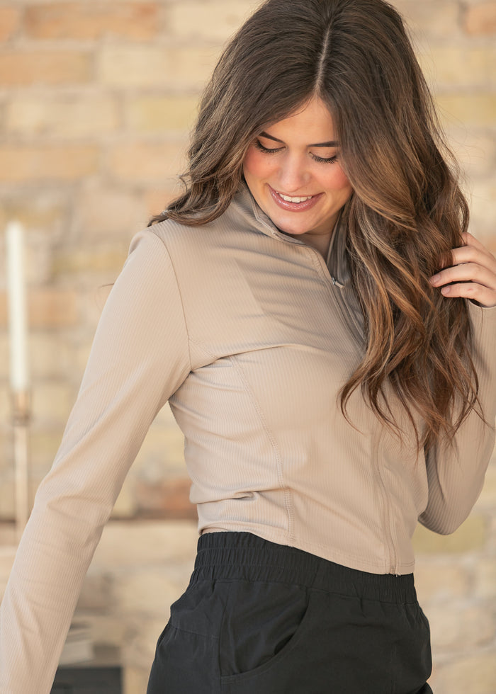 Taupe Long Sleeve Workout Jacket FF Layering Essentials