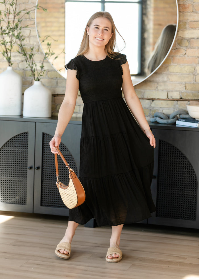 Lorelai Black Smocked Tiered Midi Dress FF Dresses
