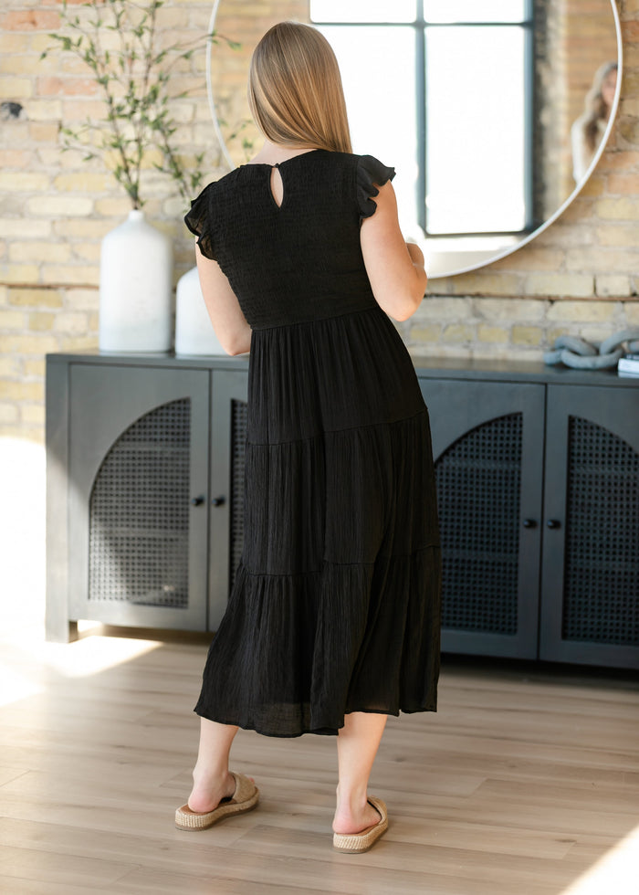 Lorelai Black Smocked Tiered Midi Dress FF Dresses