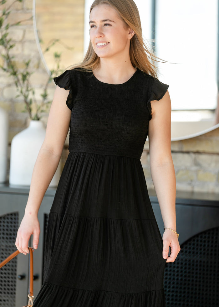 Lorelai Black Smocked Tiered Midi Dress FF Dresses
