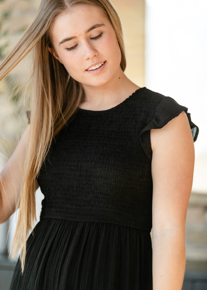 Lorelai Black Smocked Tiered Midi Dress FF Dresses