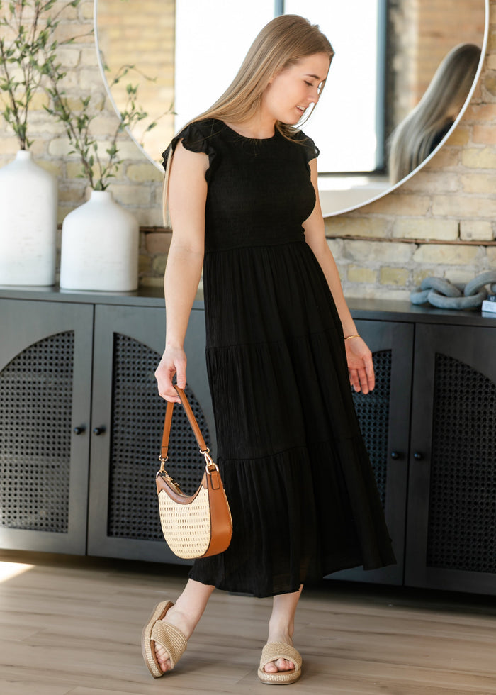 Lorelai Black Smocked Tiered Midi Dress FF Dresses
