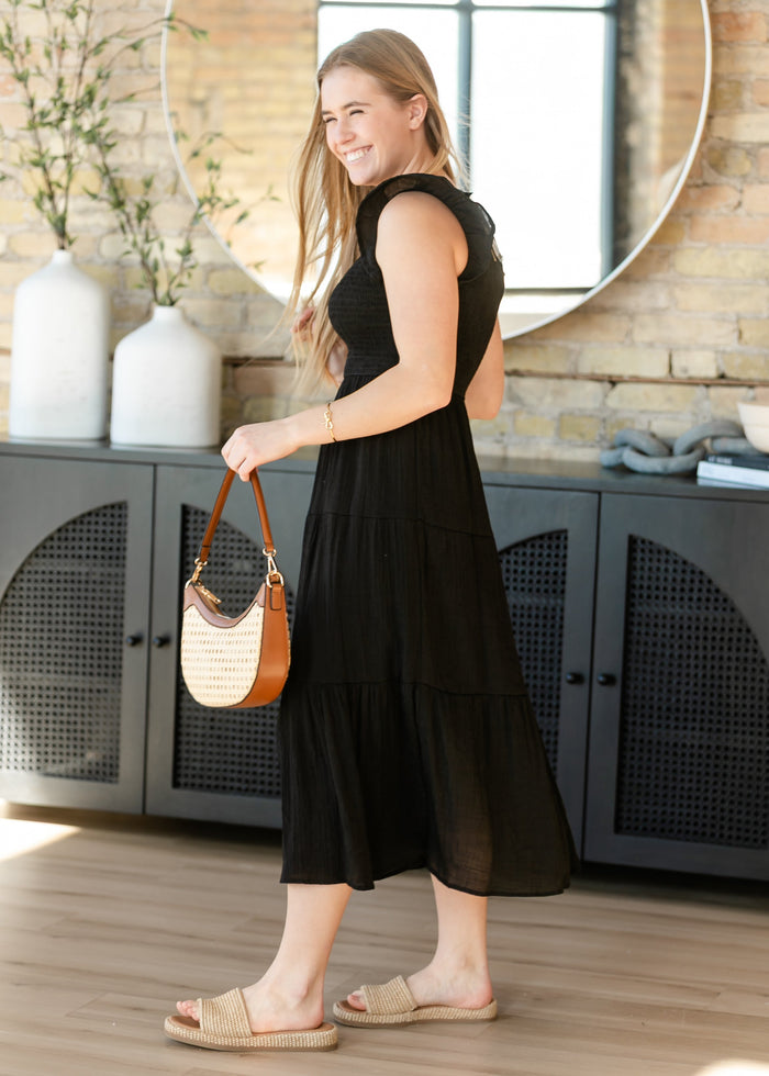 Lorelai Black Smocked Tiered Midi Dress FF Dresses