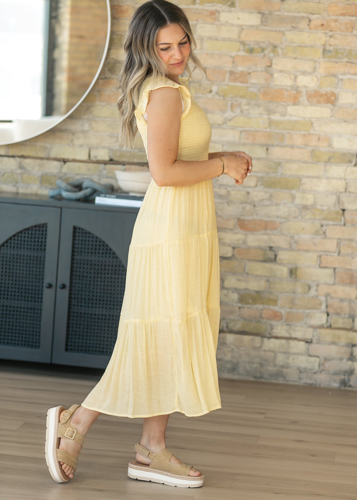 Lorelai Yellow Smocked Tiered Midi Dress FF Dresses
