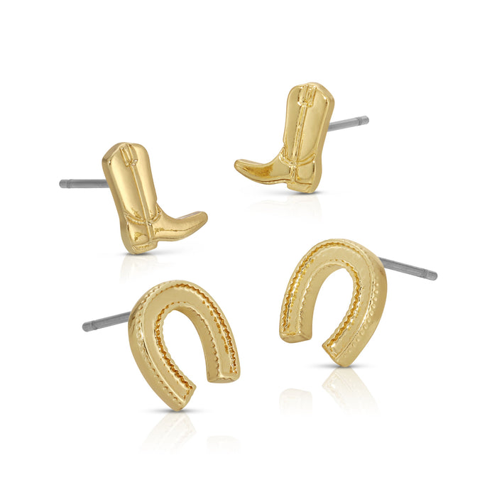 The image shows four gold-colored stud earrings in the shapes of cowboy boots and horseshoes against a white background.