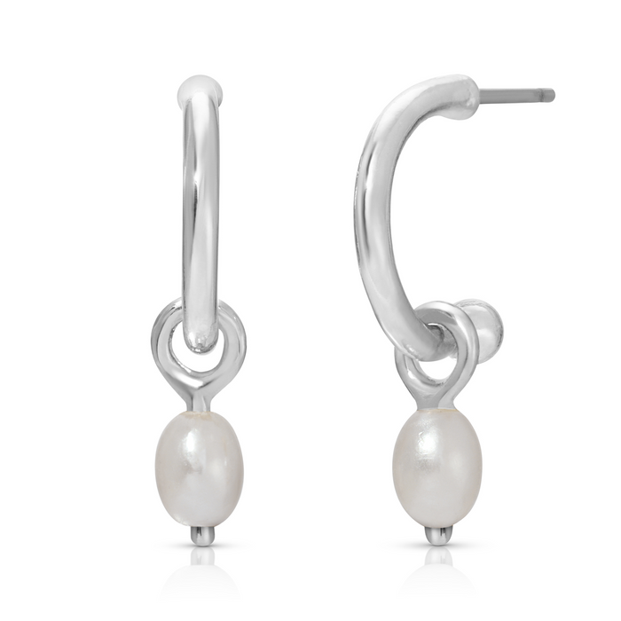 A pair of silver hoop earrings with pearl drops are shown on a white background.