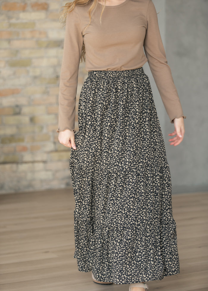 Lynn Black/Brown Floral Tiered Maxi Skirt IC Skirts