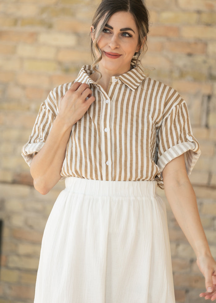Marlaina Cotton Gauze Striped Button Up Top IC Tops