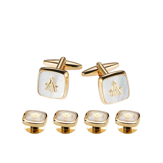 Masonic Set Gold Plated & White Pearl 2 x Cufflinks 4 x Shirt Studs