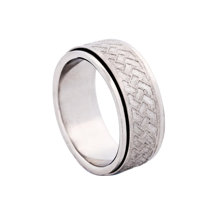 Matt & Polished Stainless Steel Spinner Ring with Platted Pattern in Centre