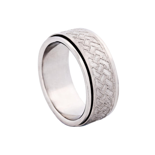 Matt & Polished Stainless Steel Spinner Ring with Platted Pattern in Centre